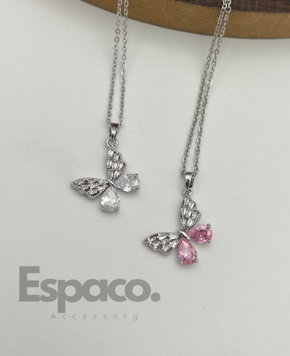 گردنبند استیل پروانه سفید صورتی