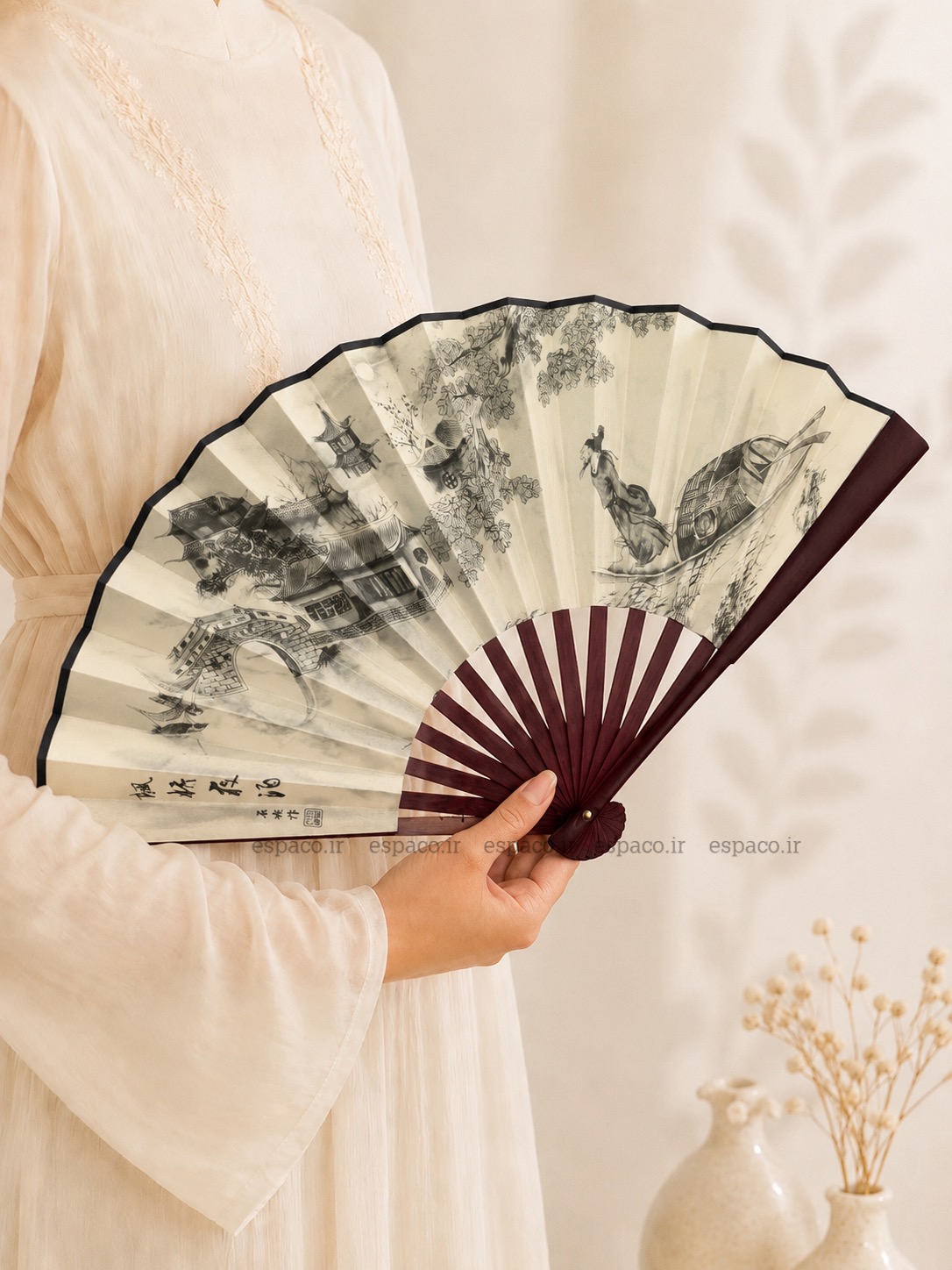 بادبزن ژاپنی بامبو سفید دو رو کد A907