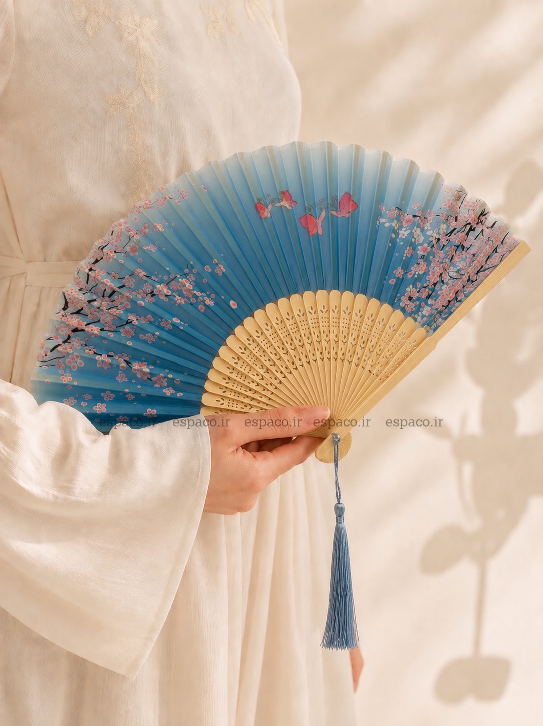 بادبزن حریر دسته چوبی آبی کد A9۴۵